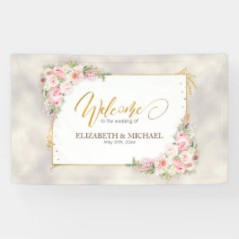 Pink Peony Floral Gold Script & Frame Wedding Banner