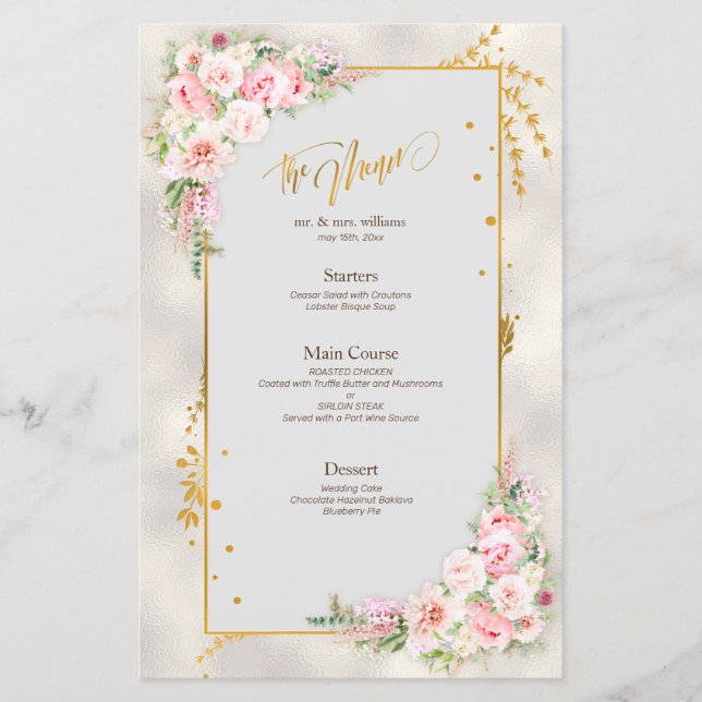Pink Peony Floral Gold Script & Frame Wedding Menü (Vorderseite)