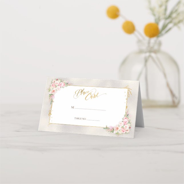 Pink Peony Floral Gold Script & Frame Wedding Platzkarte (Vorderseite)