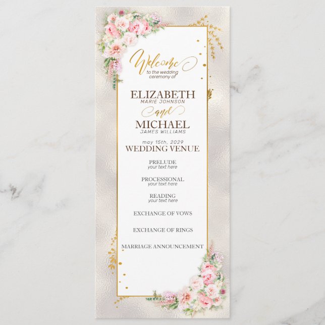 Pink Peony Floral Gold Script & Frame Wedding Programm (Vorderseite)