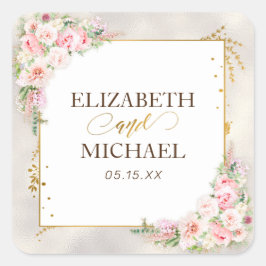 Pink Peony Floral Gold Script & Frame Wedding Quadratischer Aufkleber