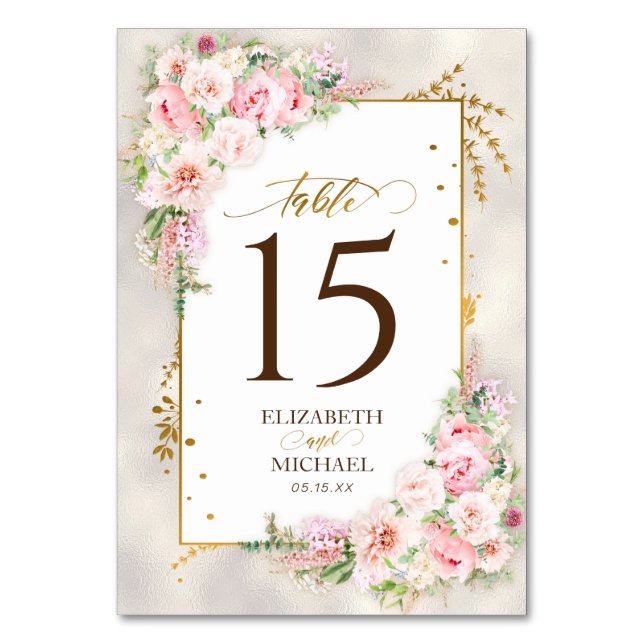 Pink Peony Floral Gold Script & Frame Wedding Tischnummer (Vorderseite)