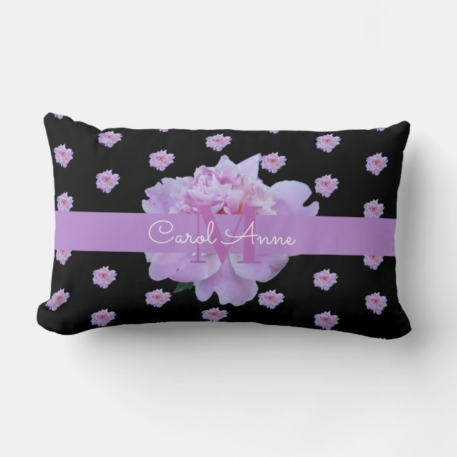 Pink Peony Floral Monogram Lila Black Lendenkissen (Vorderseite)