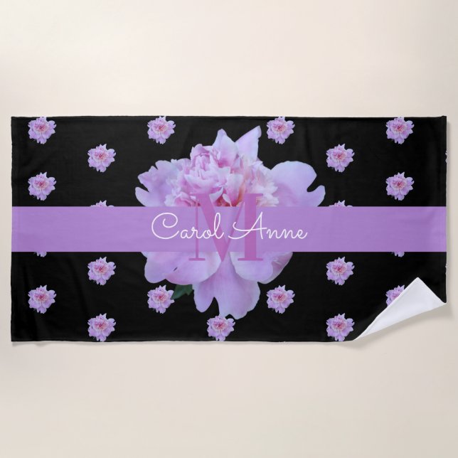 Pink Peony Floral Monogram Lila Black Strandtuch (Vorderseite)