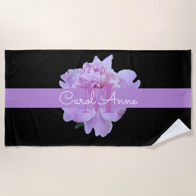 Pink Peony Floral Monogram Lila Black Strandtuch (Vorderseite)