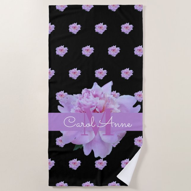 Pink Peony Floral Monogram Lila Black Strandtuch (Vorderseite)