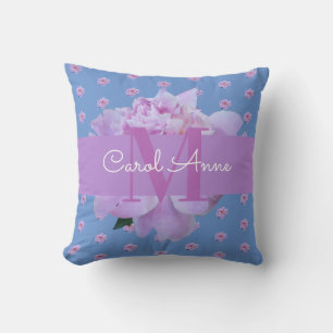 Pink Peony Floral Monogram Lila Blue Kissen