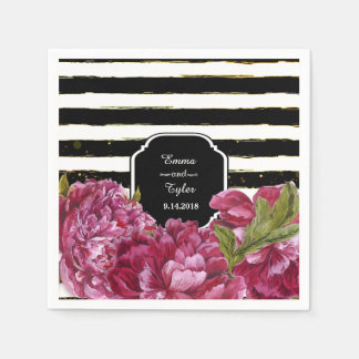 Pink Peony Floral Schwarz und Weiß Streifen Serviette