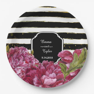 Pink Peony Floral Schwarz-weiß Strip Paper Teller