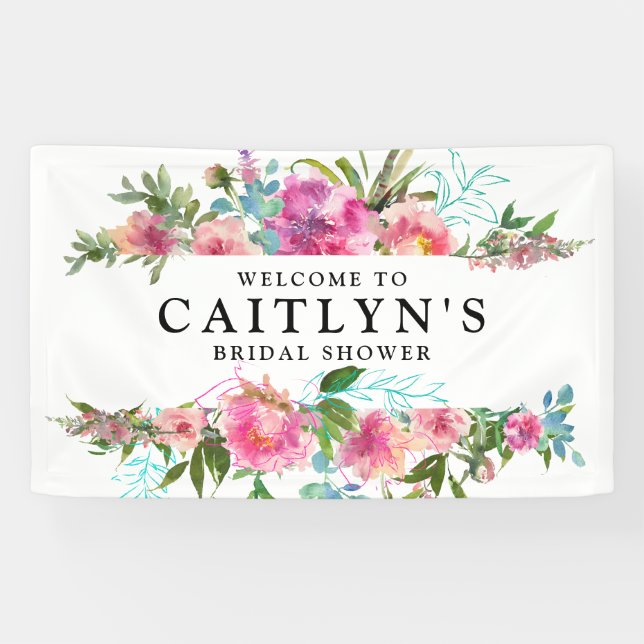Pink Peony Floral Watercolor Brautparty Willkommen Banner (Horizontal)