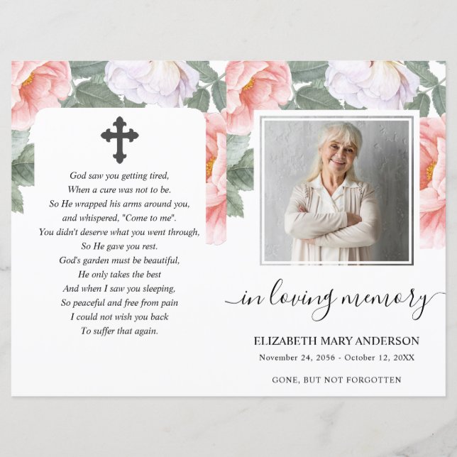 Pink Peony Floral Watercolor Foto Beerdigung Progr (Vorderseite)