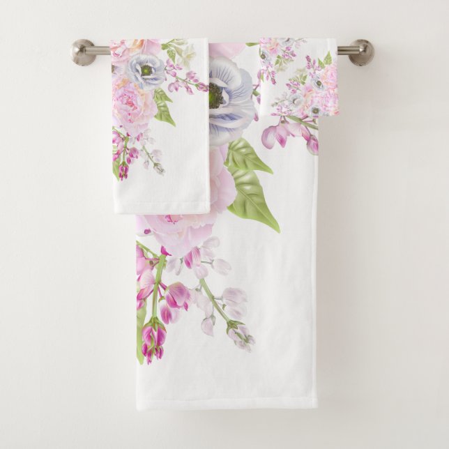 Pink Peony Floral Whimsical Artwork™ Badhandtuch Set (Insitu)