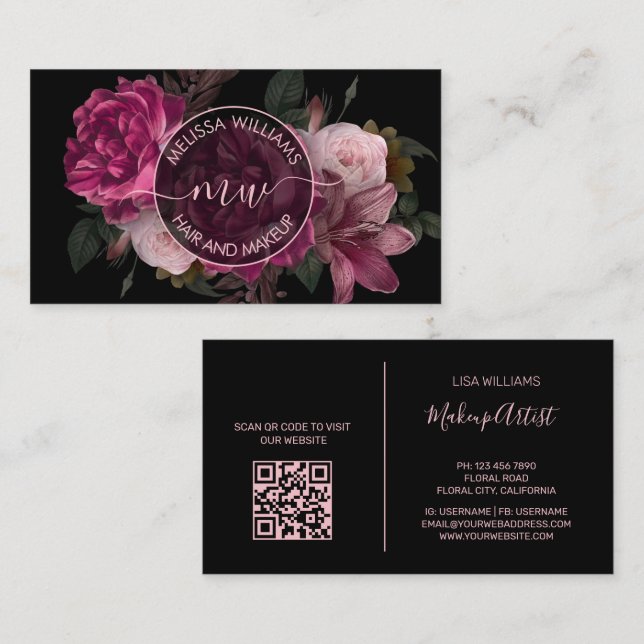 Pink Peony Flower Black Logo Visitenkarte (Vorne/Hinten)