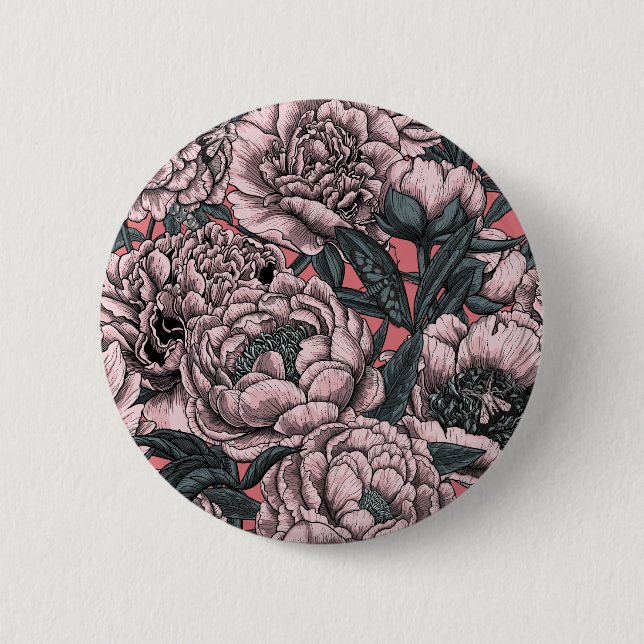Pink peony flowers and moths button (Vorderseite)