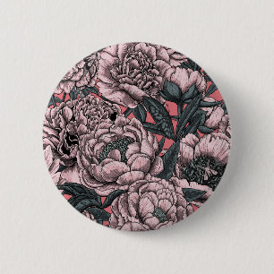 Pink peony flowers and moths button