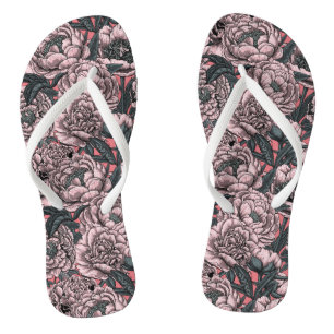 Pink peony flowers and moths flip flops