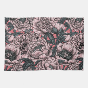 Pink peony flowers and moths geschirrtuch