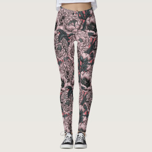Pink peony flowers and moths leggings