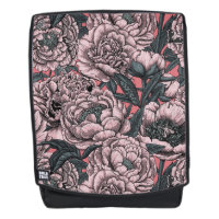 Pink peony flowers and moths