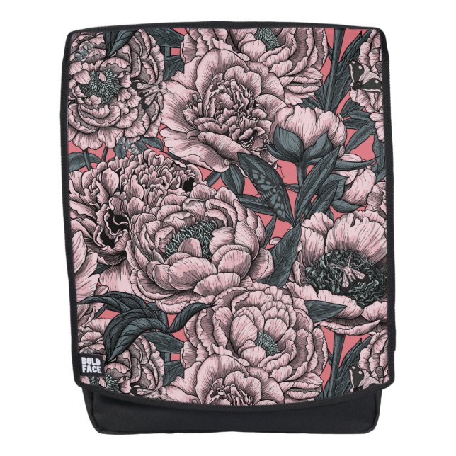 Pink peony flowers and moths rucksack (Vorderseite)