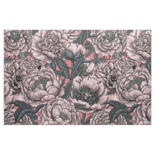 Pink peony flowers and moths stoff