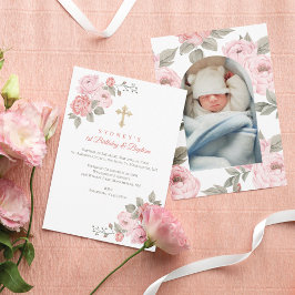 Pink Peony Gold Cross Baby's 1. Geburtstag Taufe Einladung