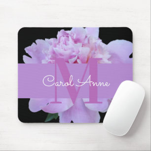 Pink Peony Lila Monogram Floral Black Mouse Pad Mousepad