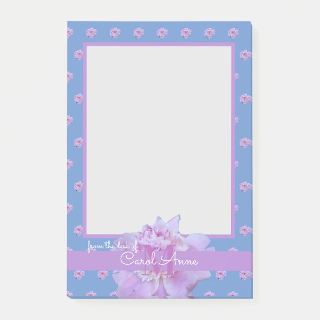 Pink Peony Lila Monogram Floral Sky Blue Post-it Klebezettel (Vorderseite)