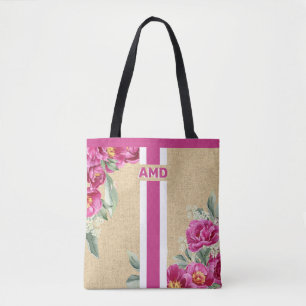 Pink Peony Monogram Imitats Burlap Jute