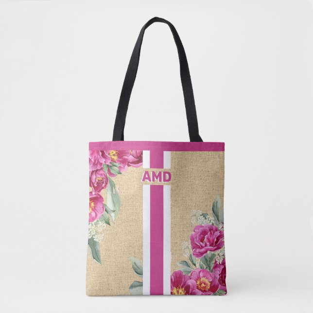 Pink Peony Monogram Imitats Burlap Jute (Vorderseite)