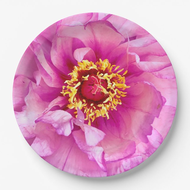 Pink Peony Plate, 9" Rundpapierplatte Pappteller (Vorderseite)