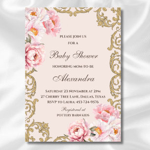 Pink Peony Rokoko Vintag Floral Baby Dusche Einladung