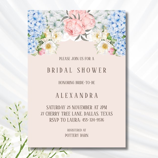 Pink Peony Romantic Blue Hydrangea Brautparty Einladung (Von Creator hochgeladen)