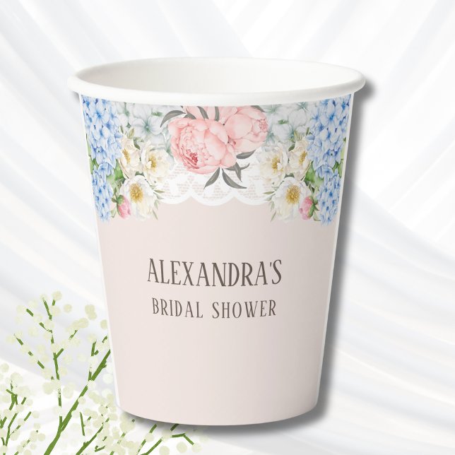 Pink Peony Romantic Blue Hydrangea Brautparty Pappbecher (Von Creator hochgeladen)