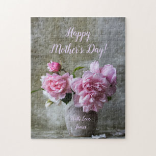Pink Peony Rose Blume Benutzerdefinierter Text Flo Puzzle