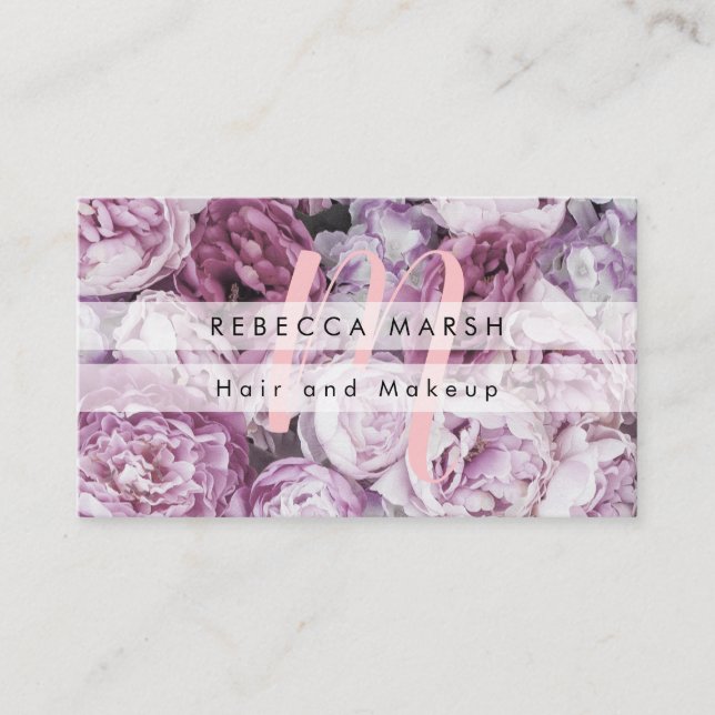 Pink Peony Rose Floral Script Monogram Visitenkarte (Vorderseite)
