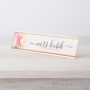 Pink Peony Rose Gold Teacher Desk Name Plakat Schreibtischnamensplakette