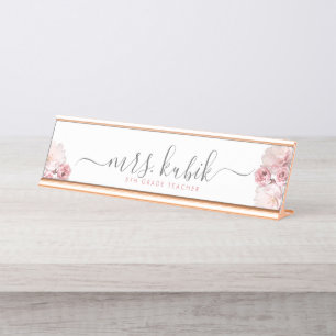 Pink Peony Rose Gold Teacher Desk Name Plakat Schreibtischnamensplakette