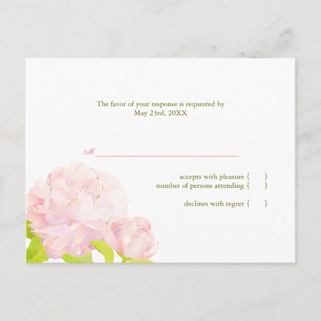 Pink Peony Simple Wedding RSVP Einladungspostkarte (Vorderseite)