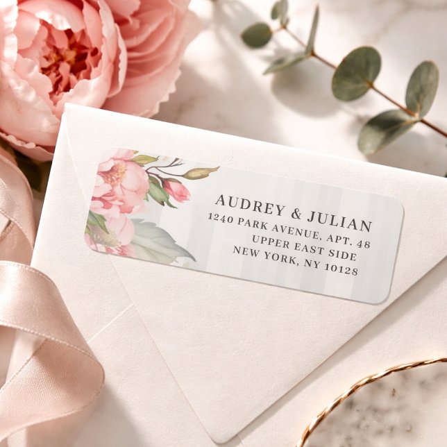 Pink Peony & Soft Grey Stripe Return Address (Von Creator hochgeladen)
