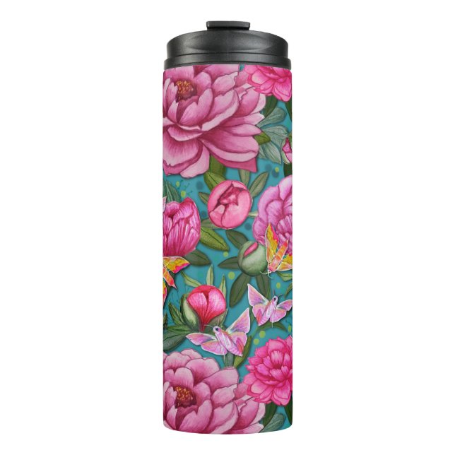 Pink Peony und Elephant Hawkmoth Thermal Tumbler Thermosbecher (Vorderseite)