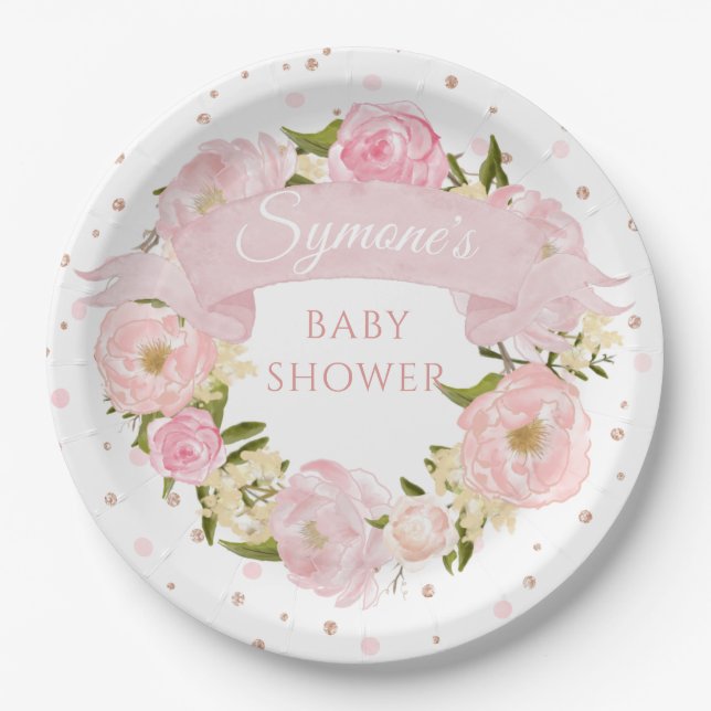 Pink Peony und Rose Gold Dot Custom Baby Dusche Pappteller (Vorderseite)
