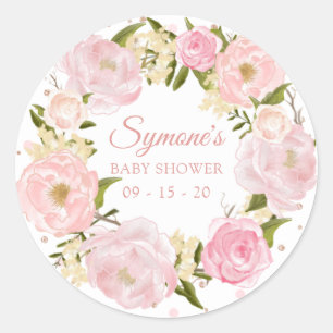 Pink Peony und Rose Gold Punkt Baby Dusche Runder Aufkleber
