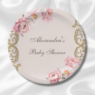Pink Peony Vintag Rokoko Floral Baby Dusche Pappteller