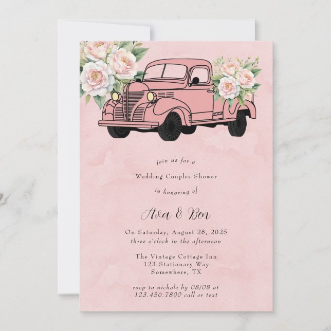 Pink Peony Vintag Truck Wedding Couples Dusche Einladung (Vorderseite)