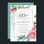 Pink Peony Watercolor Floral 60. Geburtstag Einladung<br><div class="desc">Eine schöne und schicke Blumenvorlage zum 60. Geburtstag. Ein dünner goldener Rahmen umgibt den Text und verankert das Blumendesign. Große rosa Pfannenbäume mit Himbeerrosa Akzenten werden in den oberen und unteren rechten Ecken des Goldrahmens platziert. Eine Vielfalt an Grünpflanzen, von tiefem Olivenöl bis hin zu Aqua, schaffen ein modernes angesagtes...</div>