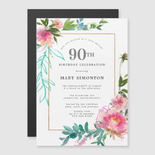 Pink Peony Watercolor Floral 90. Geburtstag Magneteinladung