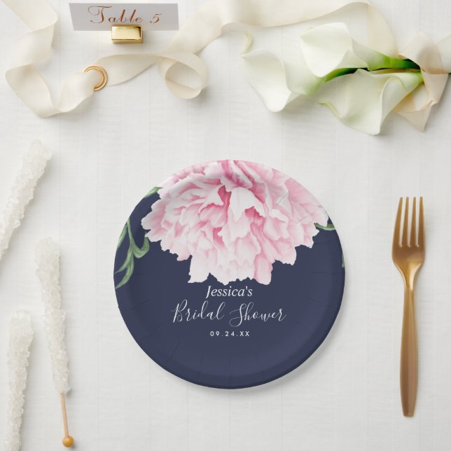 Pink Peony Watercolor Floral Navy Brautparty Pappteller (Hochzeit)