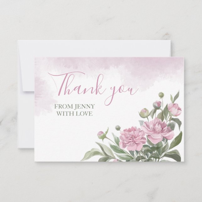 Pink Peony Watercolor Foliage Dankeskarte (Vorderseite)