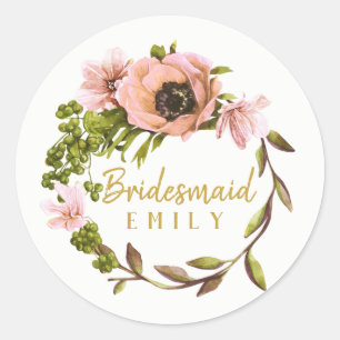 Pink Peony Wreath Bridesmaid Name ID456 Runder Aufkleber